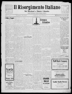 The front page of Il risorgimento italiano nel Maryland, Baltimore, Md., October 16, 1926