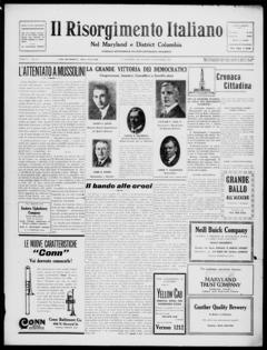 The front page of Il risorgimento italiano nel Maryland, Baltimore, Md., November 6, 1926