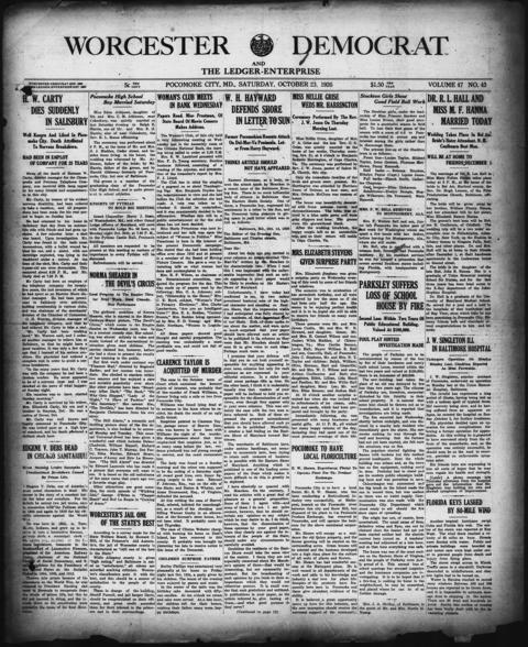 The front page of Worcester Democrat and the ledger-enterprise, Pocomoke City, Md., October 23, 1926