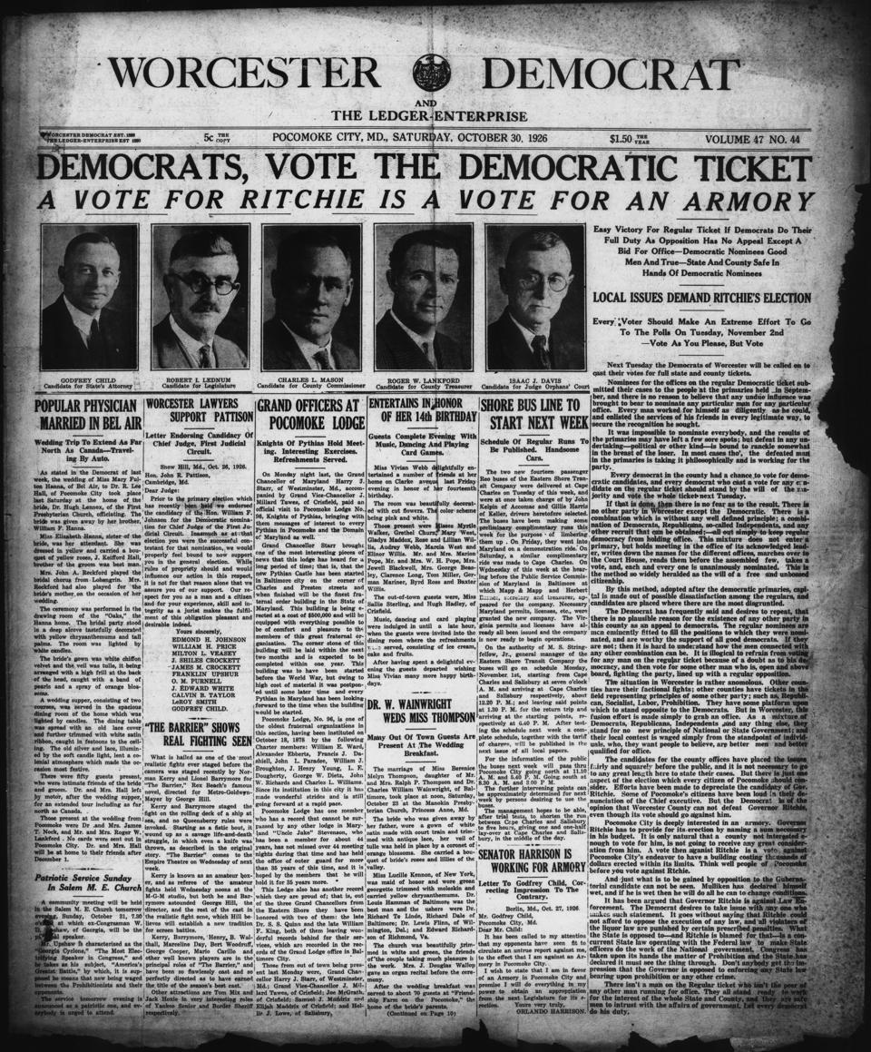 The front page of Worcester Democrat and the ledger-enterprise, Pocomoke City, Md., October 30, 1926