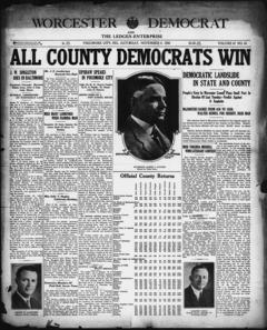 The front page of Worcester Democrat and the ledger-enterprise, Pocomoke City, Md., November 6, 1926