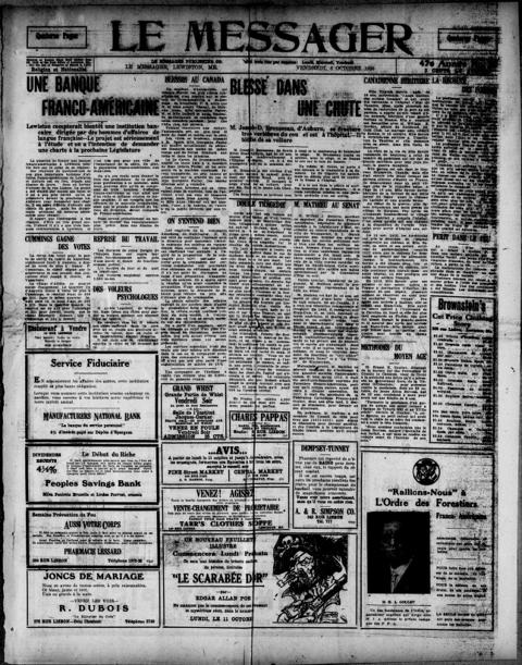 The front page of Le messager, Lewiston, Me., October 8, 1926