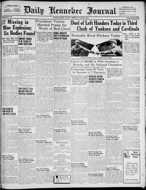 The front page of Daily Kennebec journal, Augusta, Me., October 5, 1926