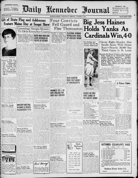 The front page of Daily Kennebec journal, Augusta, Me., 6 October 1926