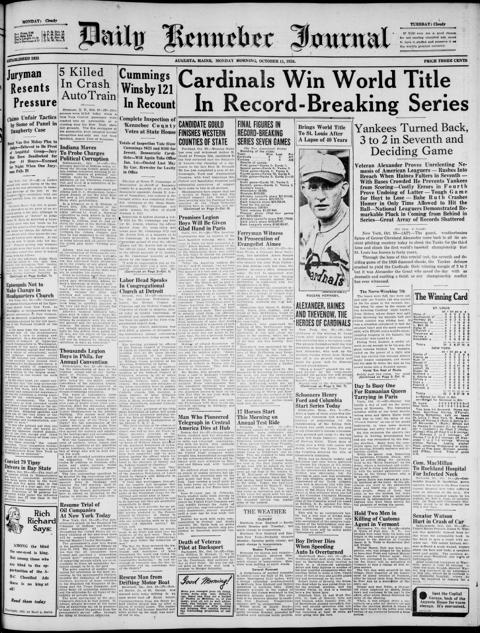 The front page of Daily Kennebec journal, Augusta, Me., October 11, 1926
