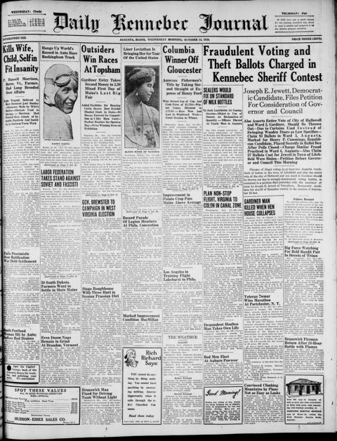 The front page of Daily Kennebec journal, Augusta, Me., October 13, 1926