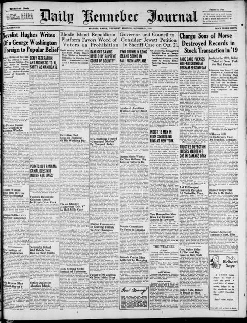 The front page of Daily Kennebec journal, Augusta, Me., October 14, 1926