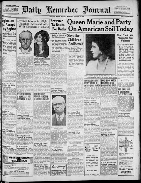 The front page of Daily Kennebec journal, Augusta, Me., October 18, 1926