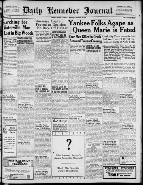 The front page of Daily Kennebec journal, Augusta, Me., October 19, 1926