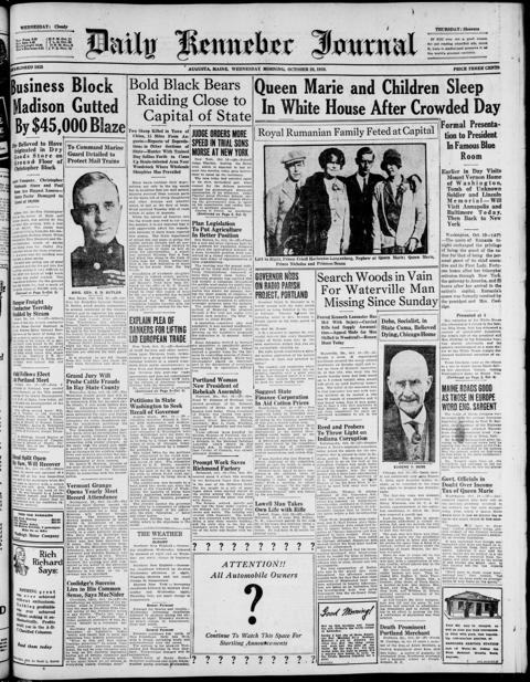 The front page of Daily Kennebec journal, Augusta, Me., October 20, 1926