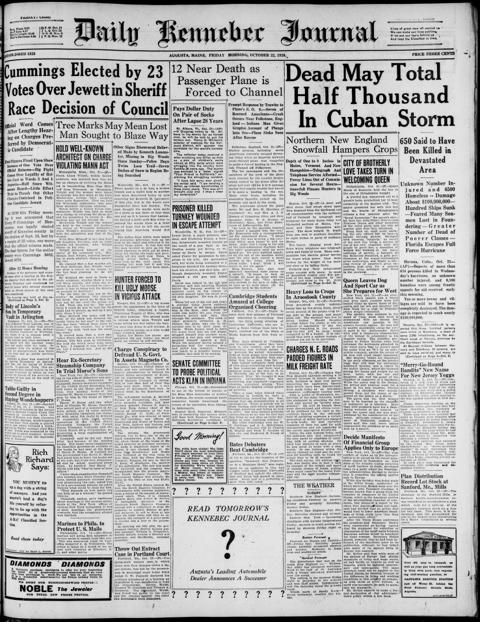 The front page of Daily Kennebec journal, Augusta, Me., October 22, 1926