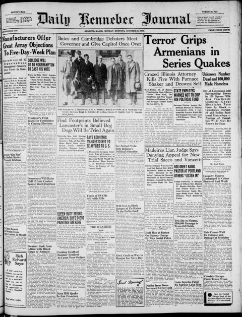 The front page of Daily Kennebec journal, Augusta, Me., October 25, 1926