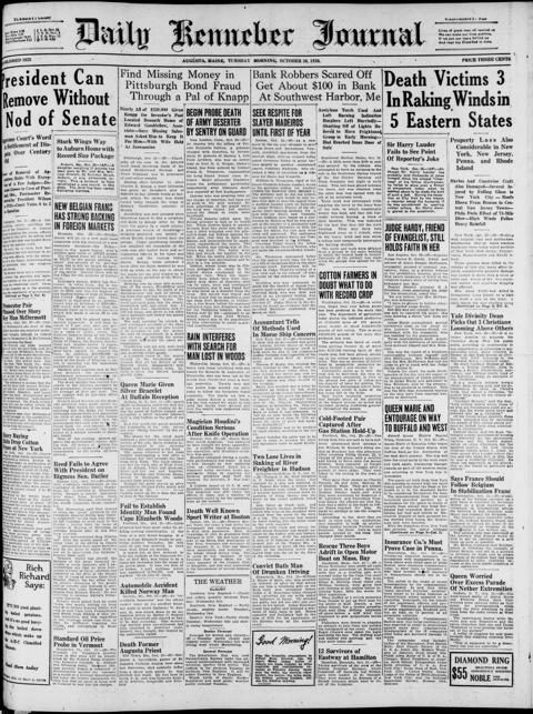 The front page of Daily Kennebec journal, Augusta, Me., October 26, 1926