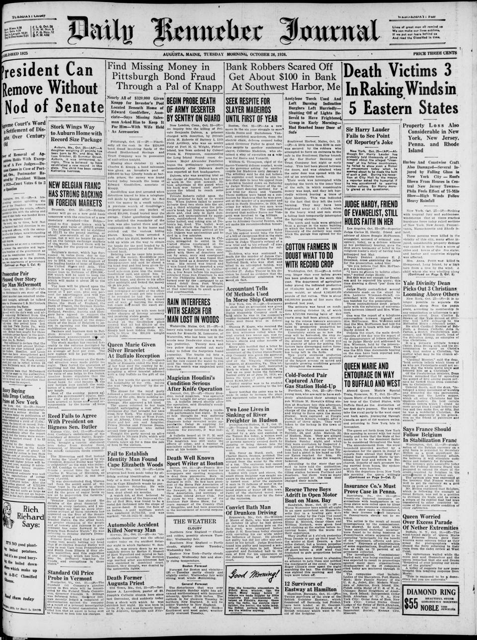 The front page of Daily Kennebec journal, Augusta, Me., October 26, 1926