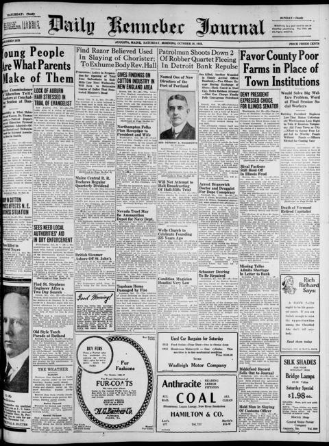 The front page of Daily Kennebec journal, Augusta, Me., October 30, 1926