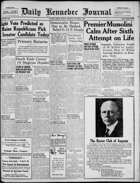 The front page of Daily Kennebec journal, Augusta, Me., November 1, 1926