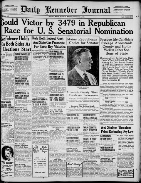 The front page of Daily Kennebec journal, Augusta, Me., November 2, 1926