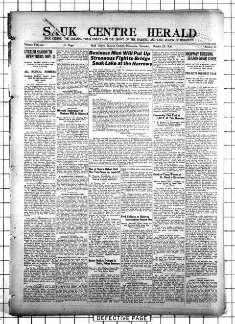 The front page of The Sauk Centre herald, Sauk Centre, Stearns County, Minn., October 28, 1926