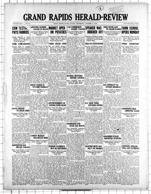The front page of Grand Rapids herald-review, Grand Rapids, Itasca County, Minn, October 13, 1926