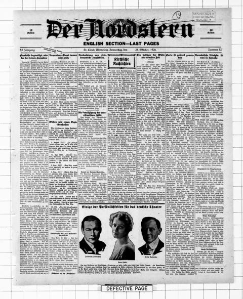 The front page of Der Nordstern, St. Cloud, Minn., October 28, 1926