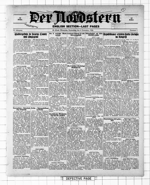 The front page of Der Nordstern, St. Cloud, Minn., November 4, 1926