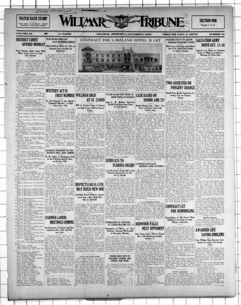 The front page of Willmar tribune, Willmar, Minn., 6 October 1926