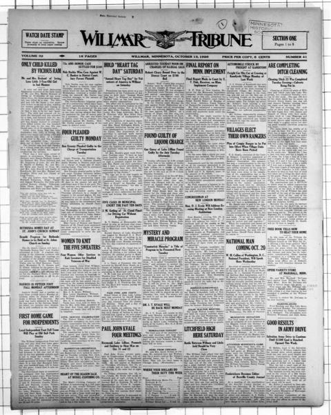 The front page of Willmar tribune, Willmar, Minn., October 13, 1926