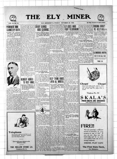 The front page of The Ely miner, Ely, Minn., October 22, 1926