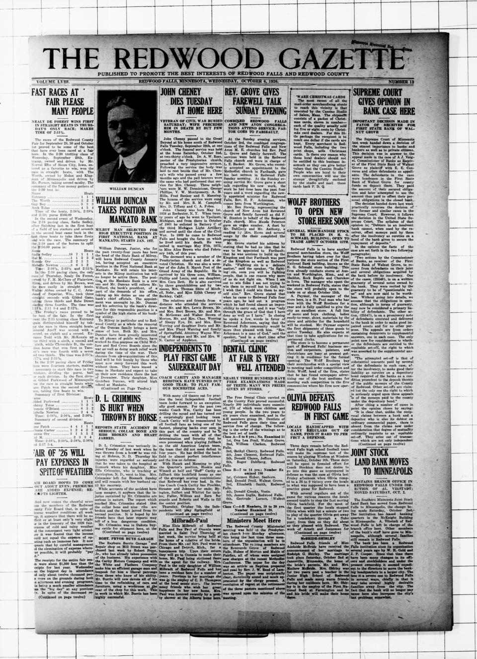 The front page of The Redwood gazette, Redwood Falls, Minn., 6 October 1926