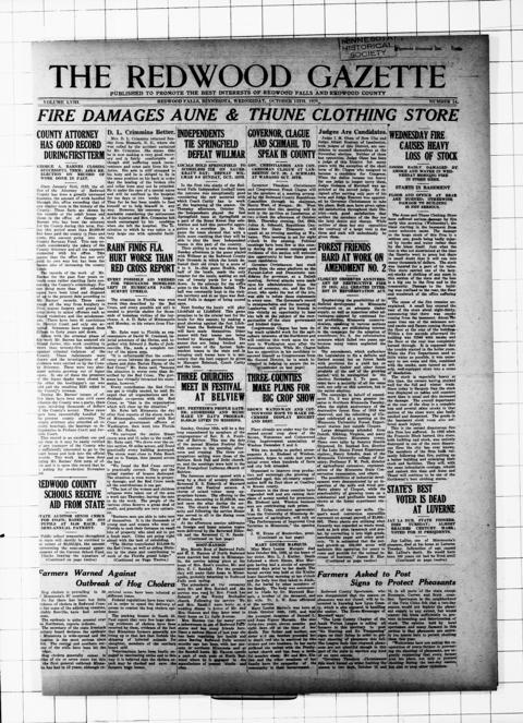 The front page of The Redwood gazette, Redwood Falls, Minn., October 13, 1926