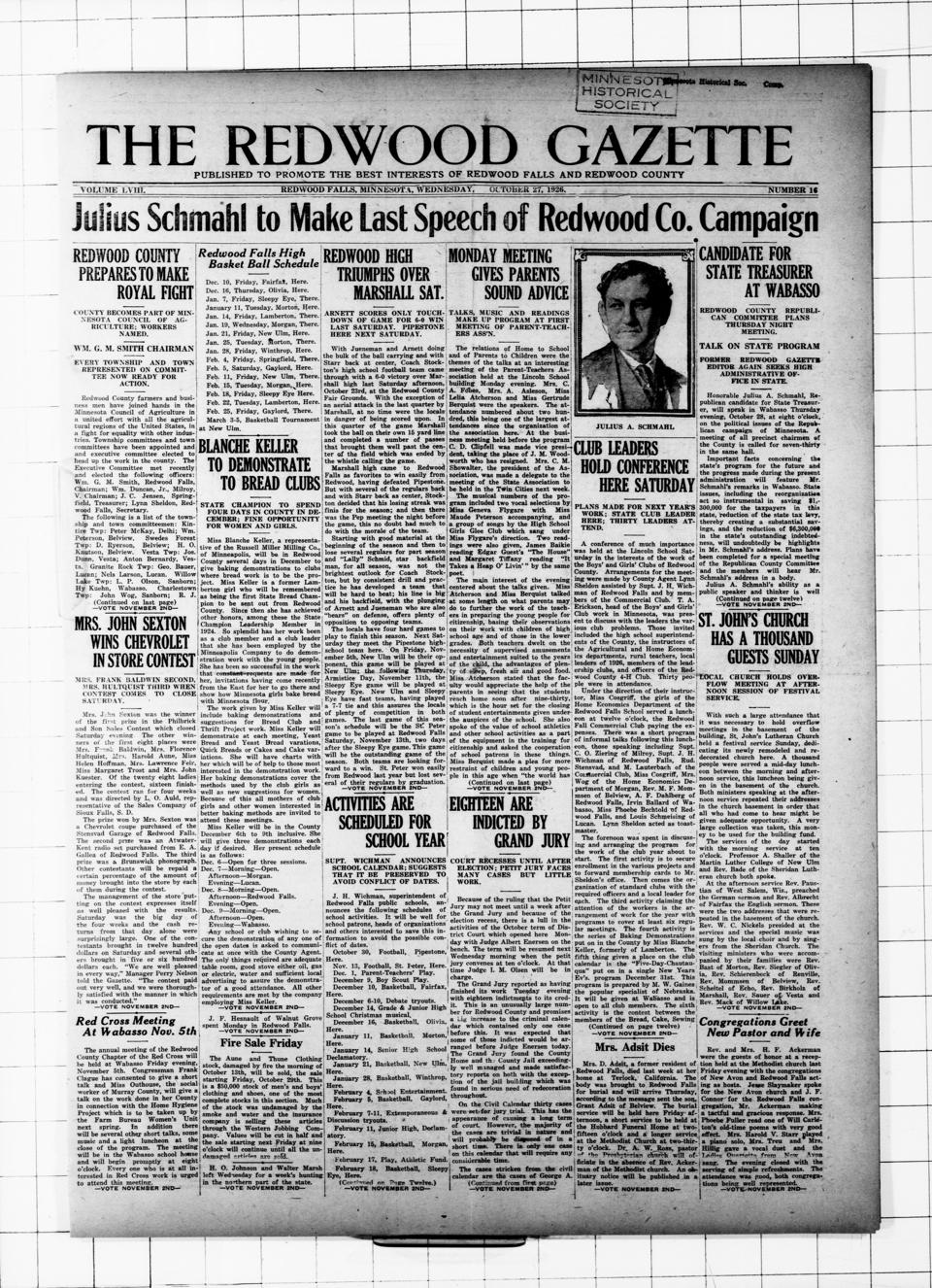 The front page of The Redwood gazette, Redwood Falls, Minn., October 27, 1926