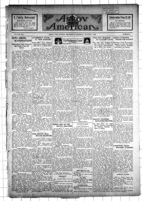 The front page of Askov American, Askov, Pine County, Minn., October 7, 1926