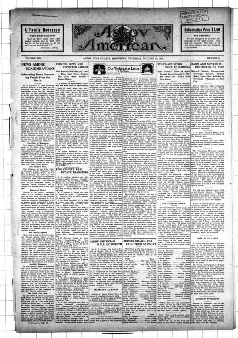 The front page of Askov American, Askov, Pine County, Minn., October 14, 1926