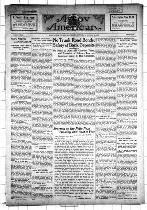 The front page of Askov American, Askov, Pine County, Minn., October 28, 1926