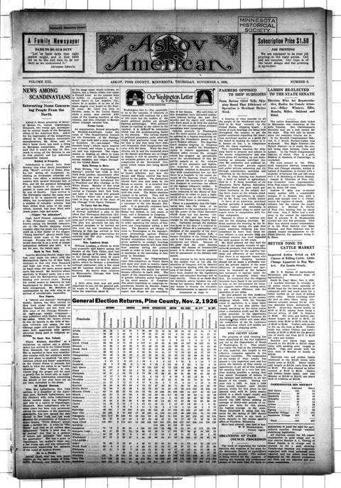 The front page of Askov American, Askov, Pine County, Minn., November 4, 1926