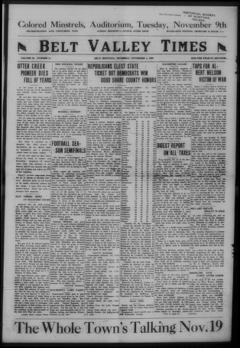 The front page of Belt Valley times, Armington, Mont., November 4, 1926
