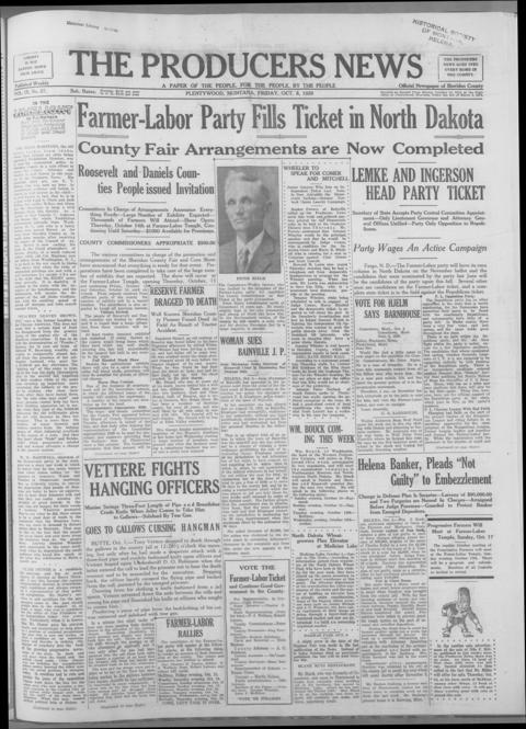 The front page of The producers news, Plentywood, Mont., October 8, 1926