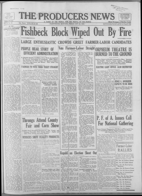 The front page of The producers news, Plentywood, Mont., October 22, 1926