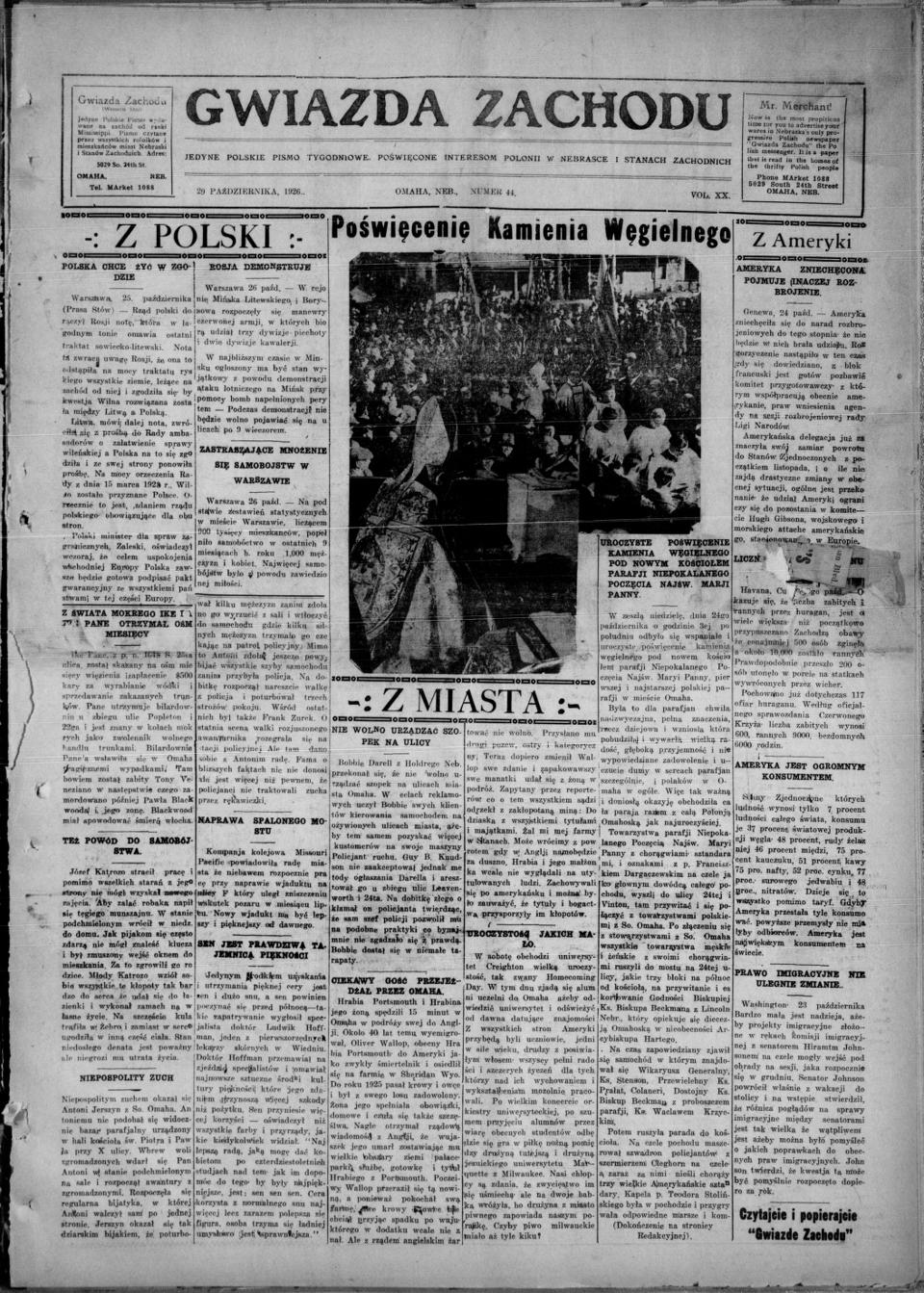 The front page of Gwiazda zachodu = Western star, Omaha, Neb., October 29, 1926
