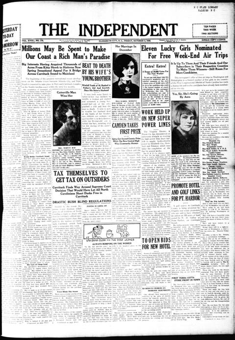 The front page of The independent, Elizabeth City, N.C., October 8, 1926
