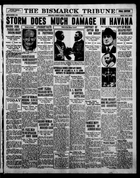 The front page of The Bismarck tribune, Bismarck, N.D., October 21, 1926