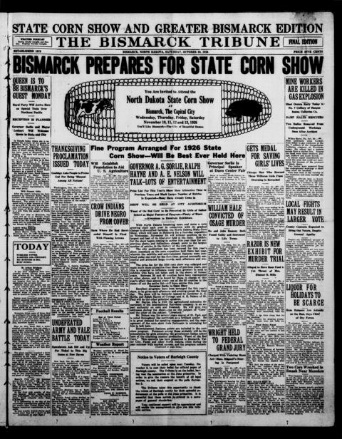 The front page of The Bismarck tribune, Bismarck, N.D., October 30, 1926
