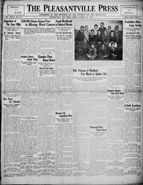 The front page of The Pleasantville press, Pleasantville, N.J., October 15, 1926
