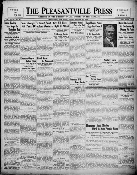 The front page of The Pleasantville press, Pleasantville, N.J., October 22, 1926