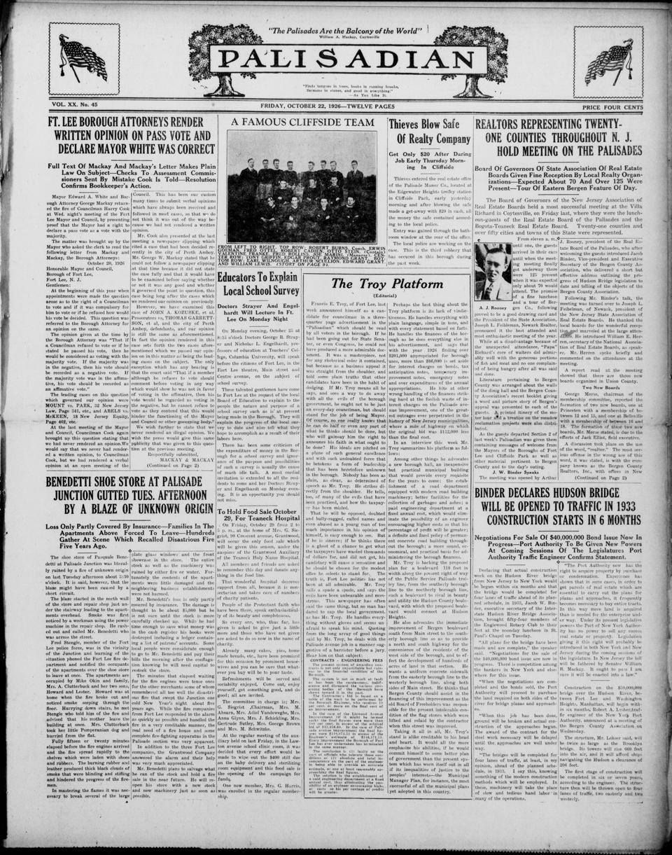 The front page of Palisadian, Cliffside Park, N.J., October 22, 1926