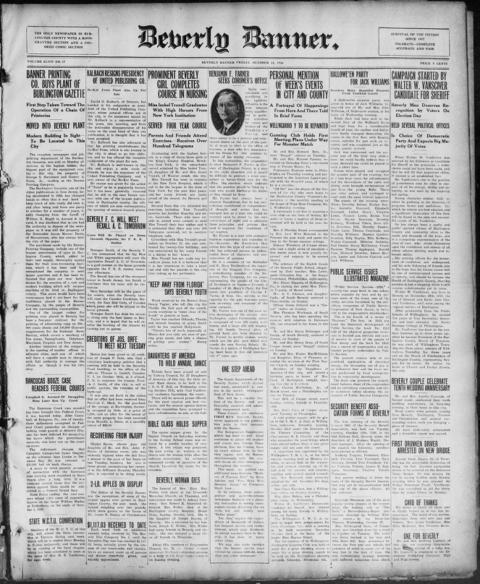 The front page of Beverly banner, Beverly, N.J., October 22, 1926