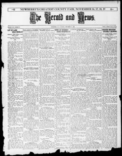 The front page of The herald and news, Newberry S.C., November 2, 1926