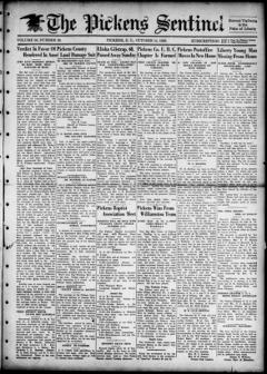 The front page of The Pickens sentinel, Pickens, S.C., October 14, 1926