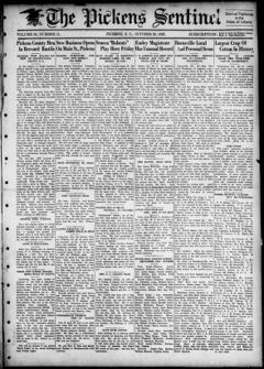 The front page of The Pickens sentinel, Pickens, S.C., October 28, 1926