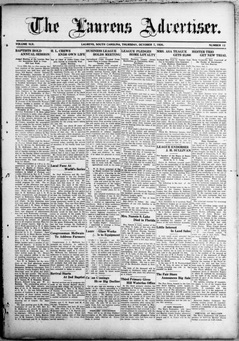 The front page of The Laurens advertiser, Laurens, S.C., October 7, 1926